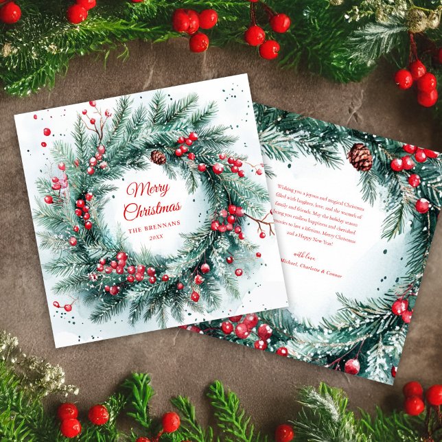 Green Red Christmas Wreath Holly Elegant Holiday Card (Green Red Christmas Wreath Holly Elegant Holiday Card)