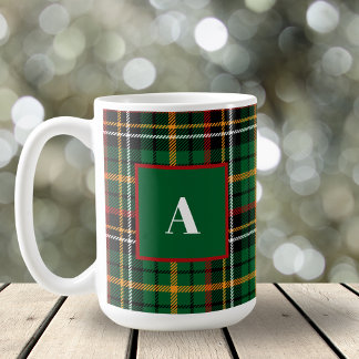 Green Red Classic Christmas Plaid Monogram Initial Coffee Mug