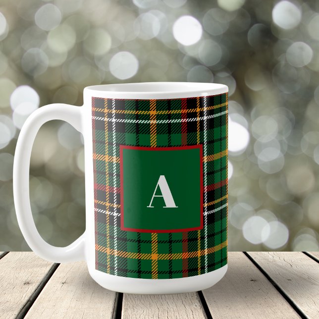 Green Red Classic Christmas Plaid Monogram Initial Coffee Mug (Creator Uploaded)