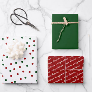 Green Red Confetti Polka Dot Merry Christmas Wrapping Paper Sheets