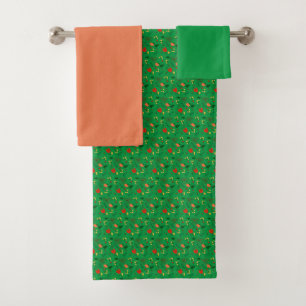 Green red coral Pattern mini wildflower  Bath Towel Set