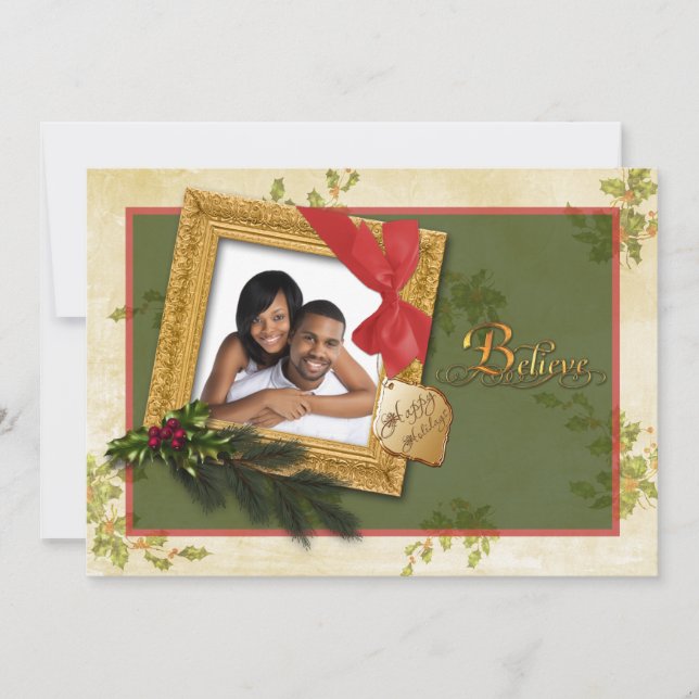 Green, Red, Cream, Gold Christmas Holly Photo Card (Front)