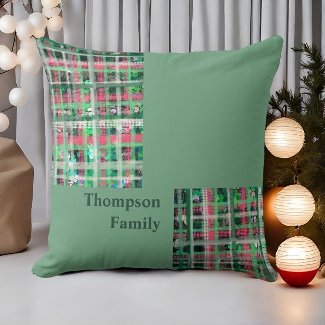 Green red cream tartan script festive glitter  throw pillow (Creator Uploaded)