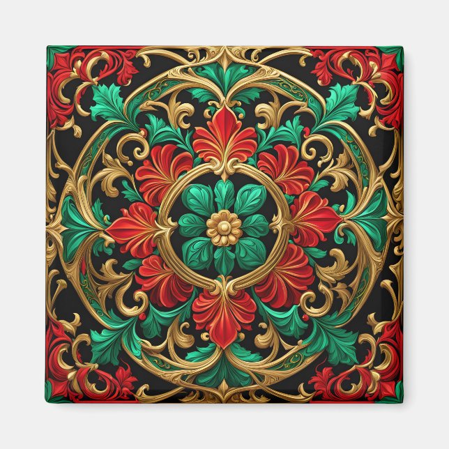 Green Red Decorative Christmas Holiday Magnet (Front)