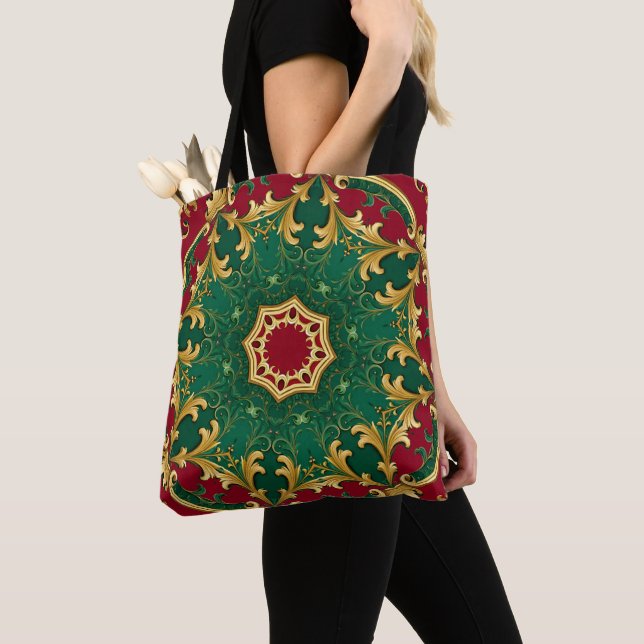 Green Red Decorative Christmas Holiday Tote Bag (Close Up)