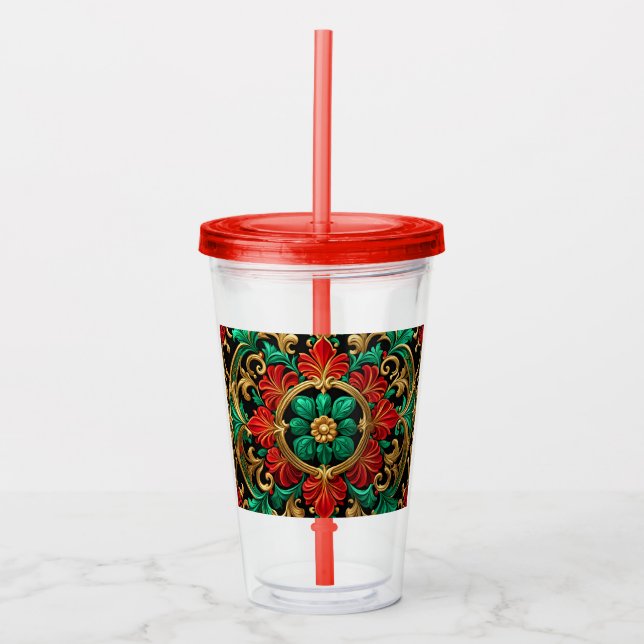 Green Red Decorative Holiday Acrylic Tumbler (Front)