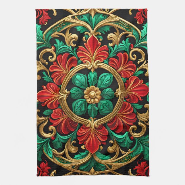 Green Red Decorative Holiday Kitchen Towel (Vertical)