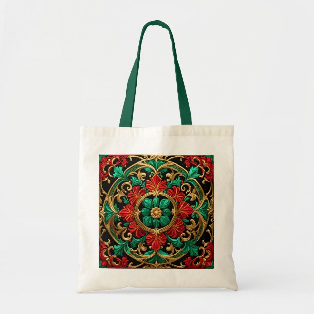 Green Red Decorative Holiday Tote Bag (Front)