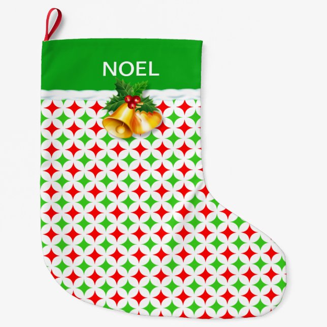 Green & Red Diamond Star Pattern on White Large Ch Christmas Stocking (Front)