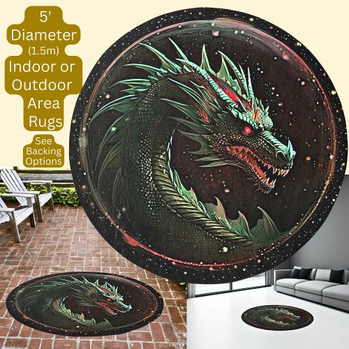 Green  Red Dragon on Black Circle Area Rug