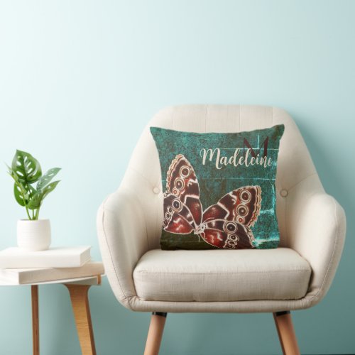 Green Red Fantasy Butterfly Gold Name Grunge Throw Pillow