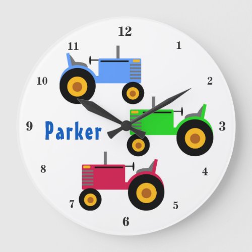 Green Red Farm Tractor Baby Boy Nursery Kids Room Large Clock