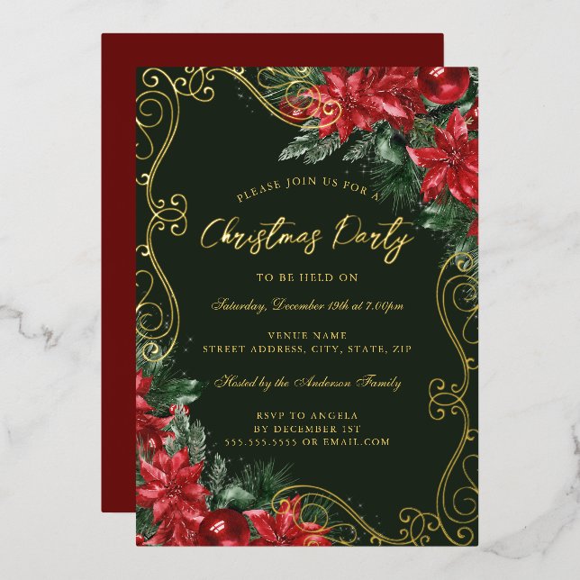 Green Red Festive Floral Swirl Christmas Party Foil Invitation (Front/Back)