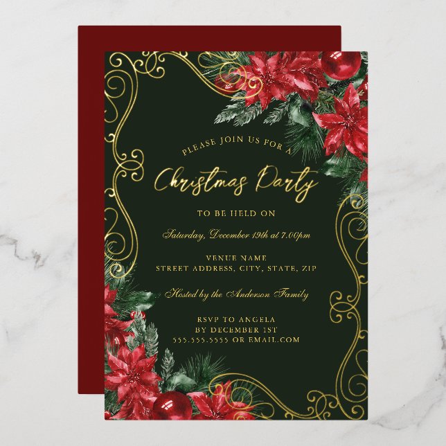 Green Red Festive Floral Swirl Christmas Party Foil Invitation (Front/Back)