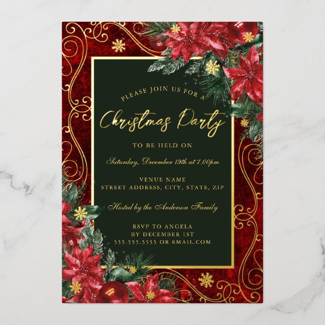 Green Red Festive Flower Frame Christmas Party Foil Invitation (Front)