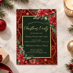 Green Red Festive Flower Frame Christmas Party Foil Invitation