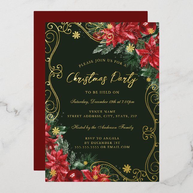 Green Red Festive Flower Swirl Christmas Party Foil Invitation (Front/Back)