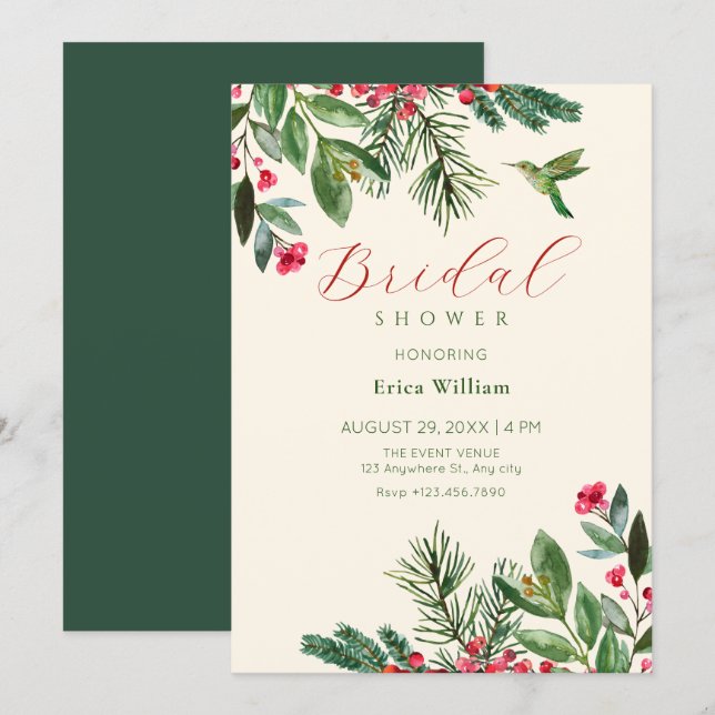 Green red floral bridal shower invitation (Front/Back)