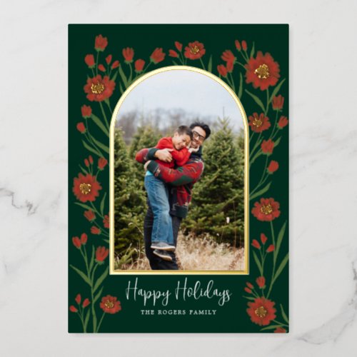 Green Red Flowers Boho Arched Photo Holiday Card