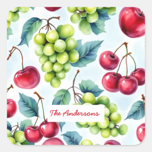 Green Red Fruit Food Pattern Grapes Cherry Square Sticker