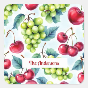 Green Red Fruits Grapes Cherry Elegant Pattern Square Sticker