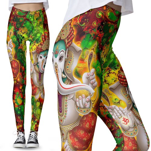 Green Red Ganesh Hippie Boho Psychedelic Festival Leggings