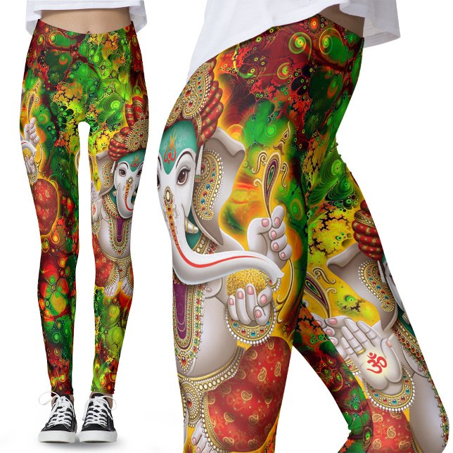 Green Red Ganesh Hippie Boho Psychedelic Festival Leggings (Creator Uploaded)