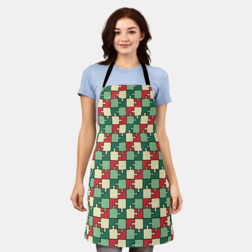Green Red Geometric Puzzle Pieces Pattern Apron