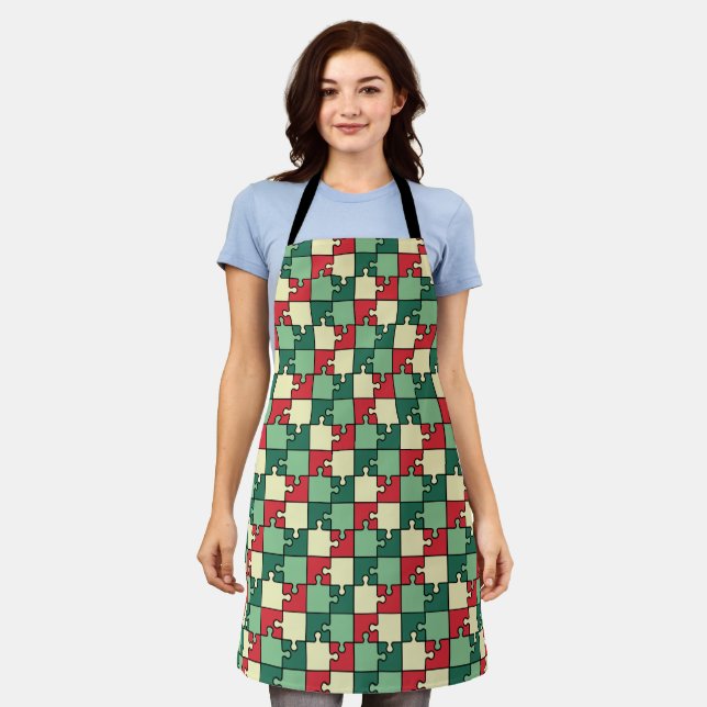 Green Red Geometric Puzzle Pieces Pattern Apron (Worn)