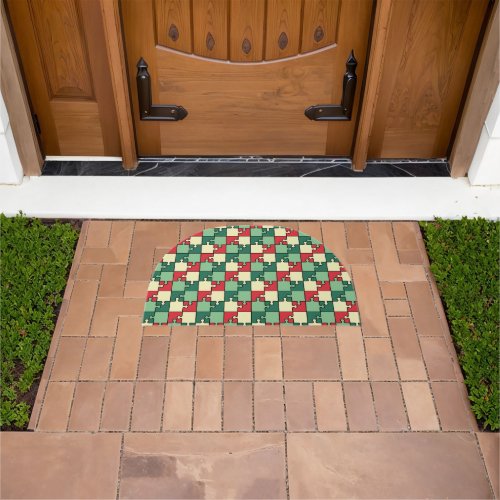 Green Red Geometric Puzzle Pieces Pattern Doormat