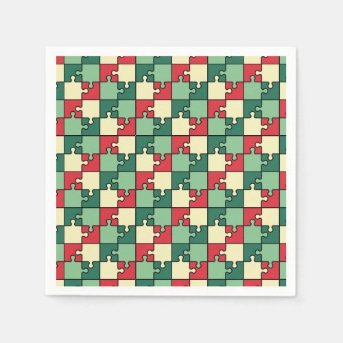 Green Red Geometric Puzzle Pieces Pattern Napkins