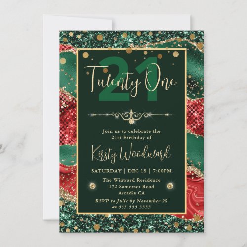 Green  Red Glitter Christmas Agate Birthday Party Invitation