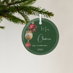 Green red gold baubles Christmas Glass Ornament<br><div class="desc">A green colored gradient background. Decorated with red and gold baubles.  Personalize and add your name,  year.  Text: Merry Christmas</div>