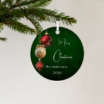 Green red gold baubles Christmas Metal Ornament<br><div class="desc">A rustic green uneven colored gradient background. Decorated with red and gold baubles.  Personalize and add your name,  year.  Text: Merry Christmas</div>