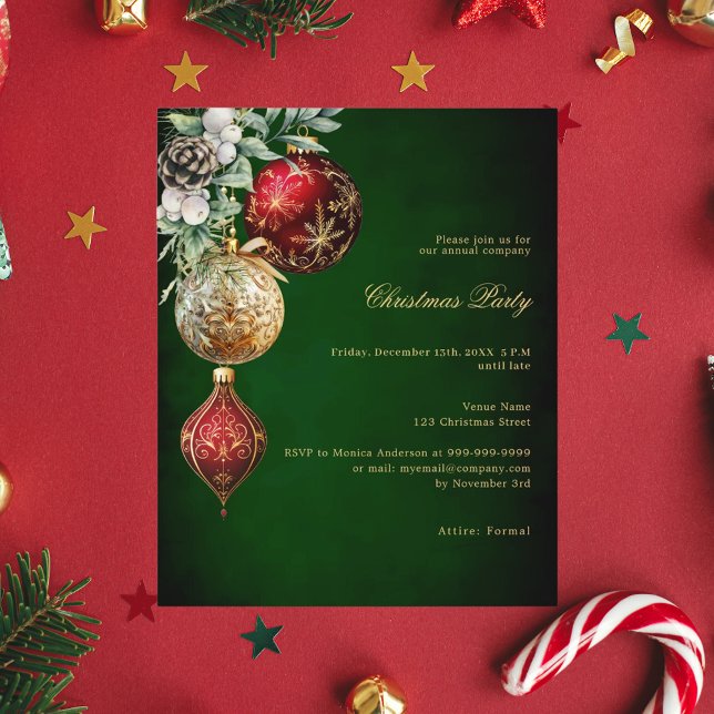 Green red gold baubles Christmas Party invitation (Creator Uploaded)