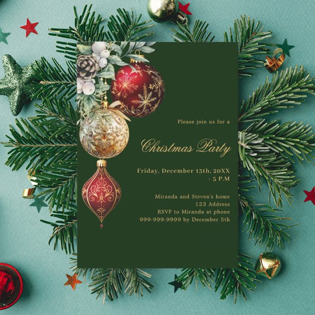 Green red gold baubles Christmas Party Invitation (Creator Uploaded)