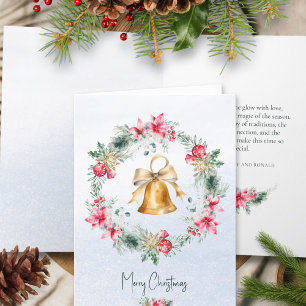 Green Red Gold Bell Snowflake Christmas Wreath Holiday Card