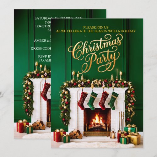 Green Red Gold Christmas Holiday Party Fireplace Invitation