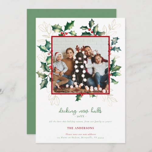 Green Red Gold Christmas Holly New Address Photo Holiday Card