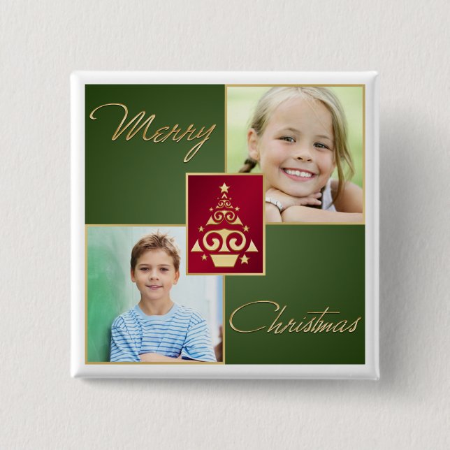 Green, Red, Gold Christmas Tree Photo Button (Front)