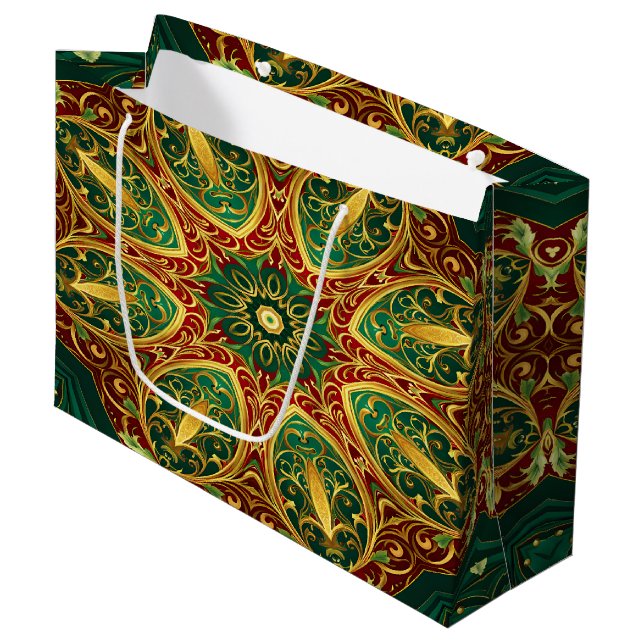 Green Red Gold Decorative Holiday Gift Bag (Front Angled)