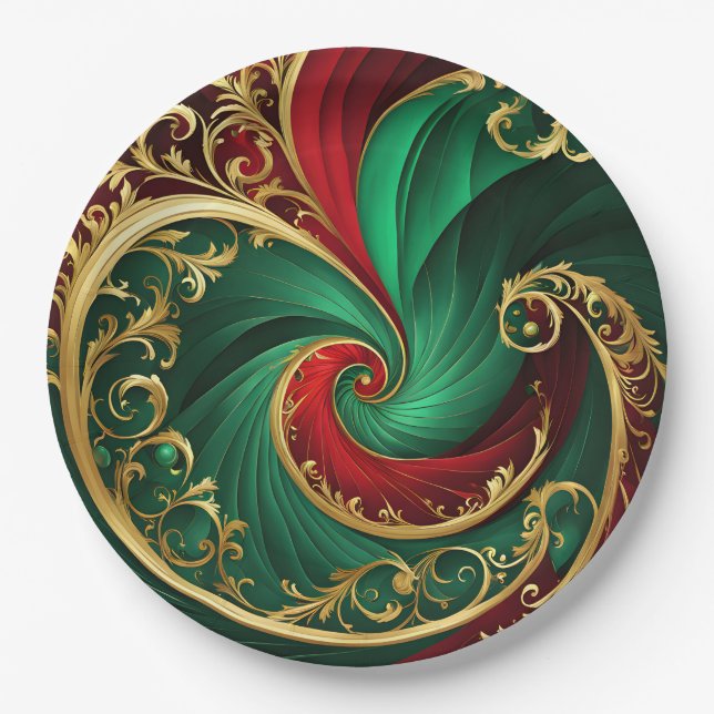 Green Red Gold Decorative Holiday Paper Plate (Front)