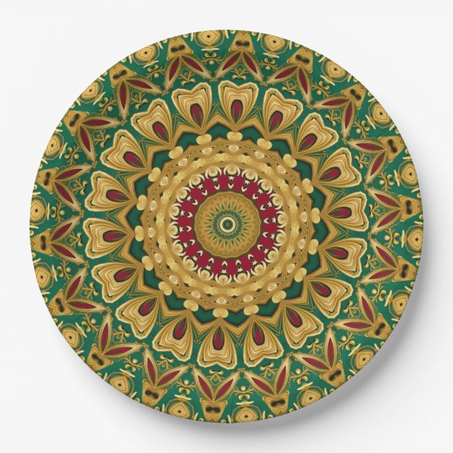 Green Red Gold Decorative Holiday Paper Plate (Front)