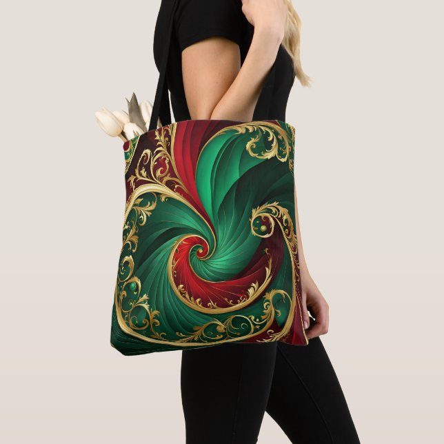 Green Red Gold Decorative Holiday Tote Bag (Close Up)