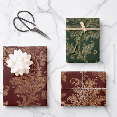 Green Red  Gold Faux Floral Velvet Christmas Wrapping Paper Sheets