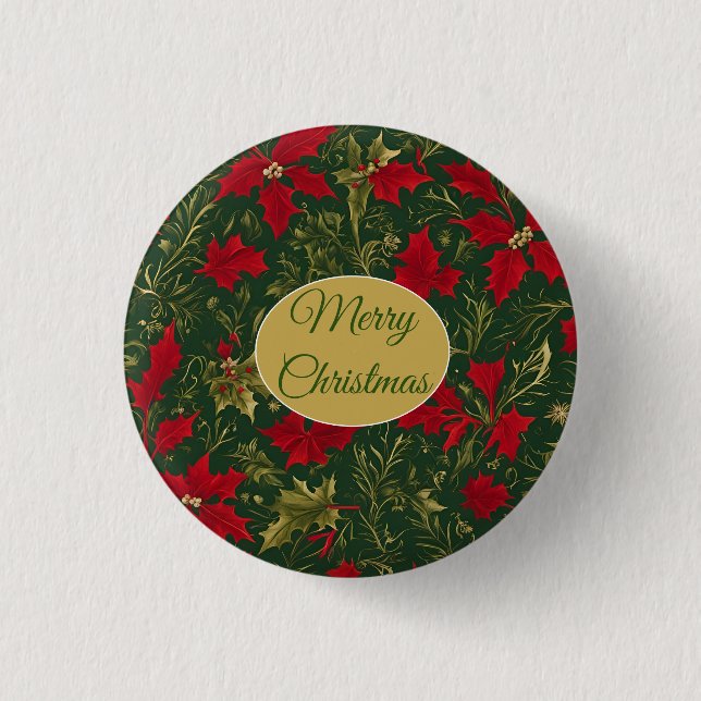 Green Red Gold, Holly and Amaryllis Christmas Button (Front)