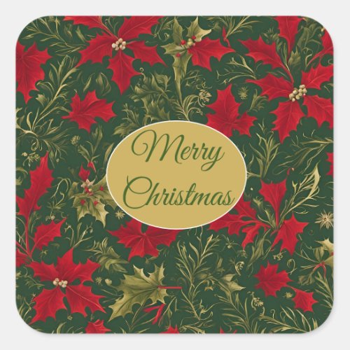 Green Red Gold Holly and Amaryllis Christmas Square Sticker