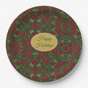 Green red gold, Holly and amaryllis Happy Holidays Paper Plates