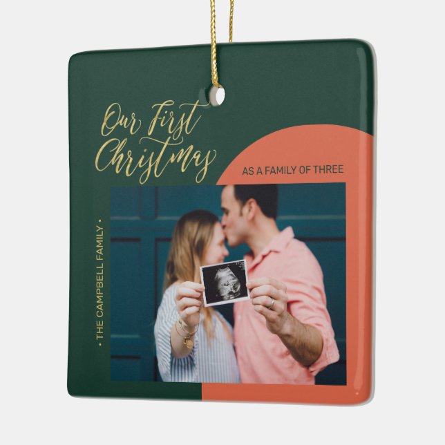 Green, Red & Gold Modern First Christmas Photo Cer Ceramic Ornament (Left)