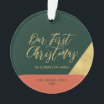 Green, Red & Gold Modern First Christmas Photo Orn Ornament<br><div class="desc">Celebrate the season with this stylish Christmas photo ornament. This design features modern gold lettering "Our First Christmas" with geometric color blocks(Green & Orange-Red). You can add your photo and personalize the text. More holiday gifts and cards are available at my shop BaraBomDesign.</div>